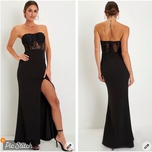 Lulus NWT Sultry Persona Black Lace Strapless Bustier Mermaid Maxi Dress SIZE M